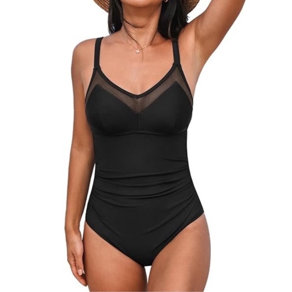 NWT Cupshe One Piece Mesh Details Swim Medium Black